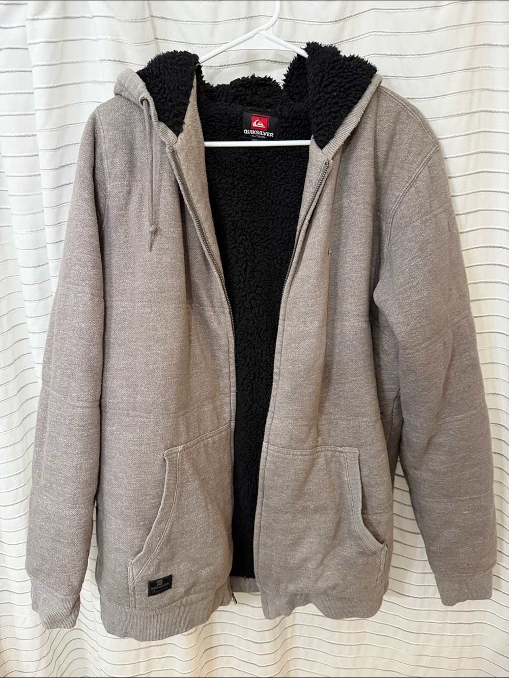 Quiksilver Men's Taupe Zip-Up Hoodie with Black Sherpa Hood
